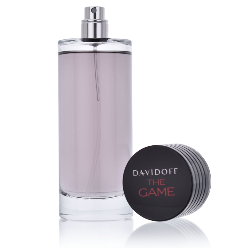 Flacon et bouchon Davidoff The Game. Flacon cylindrique avec vaporisateur. Bouchon noir avec logo.