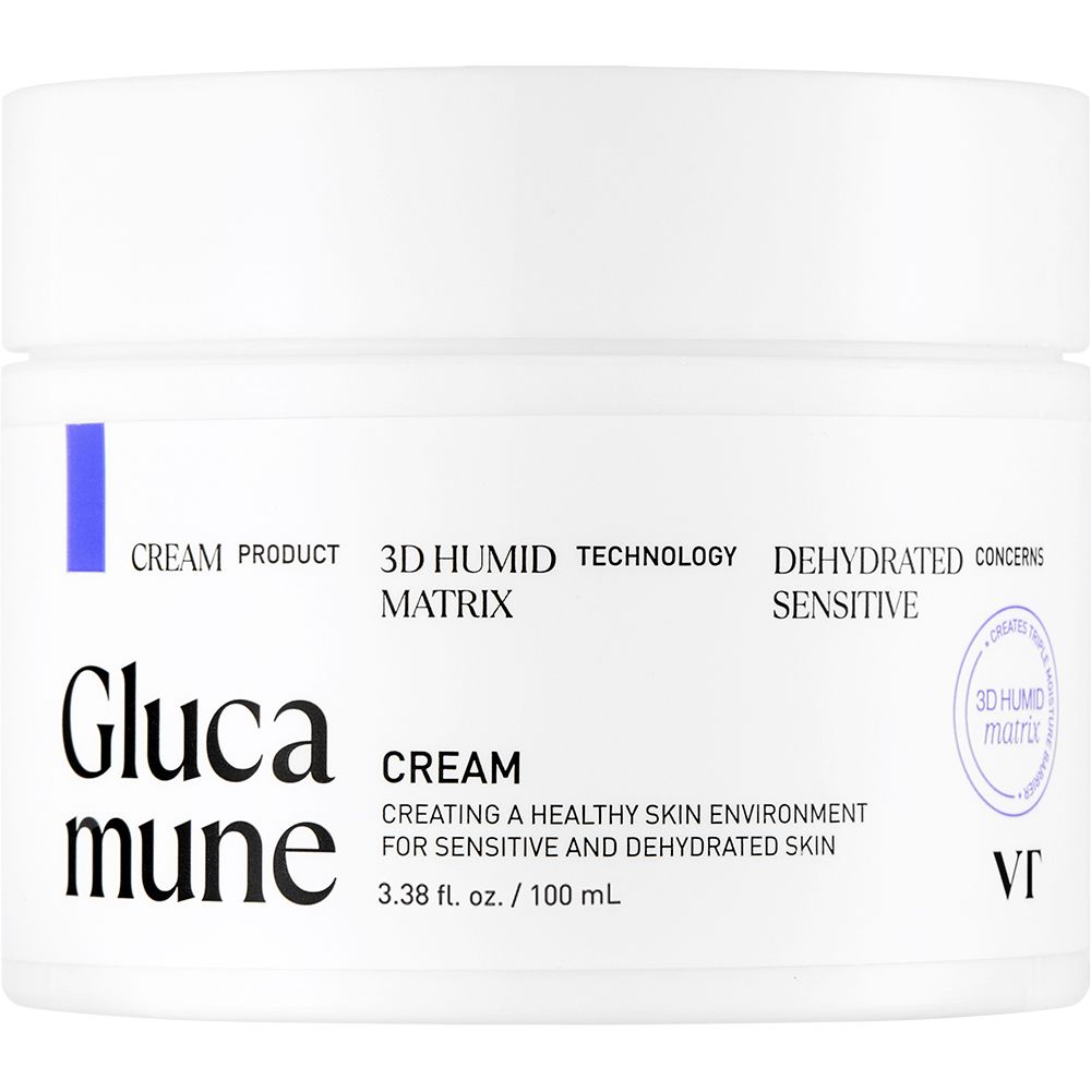 Witte crèmepot met blauwe streep. Opschrift Glucamune Cream. Tekst: Voor gevoelige en uitgedroogde huid.