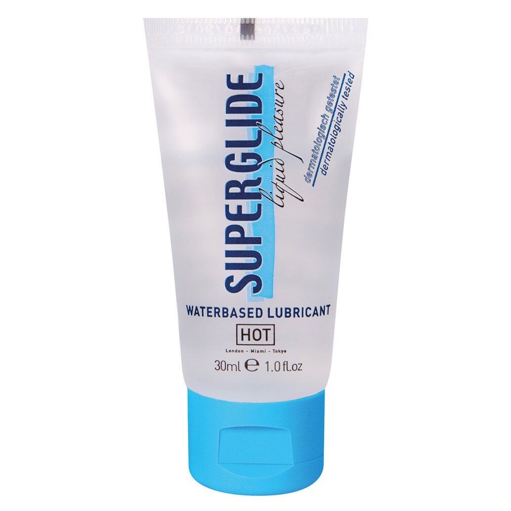 Tube de gel transparent avec bouchon bleu. Inscription : SUPERGLIDE liquid pleasure, WATERBASED LUBRICANT, HOT. Testé dermatologiquement.