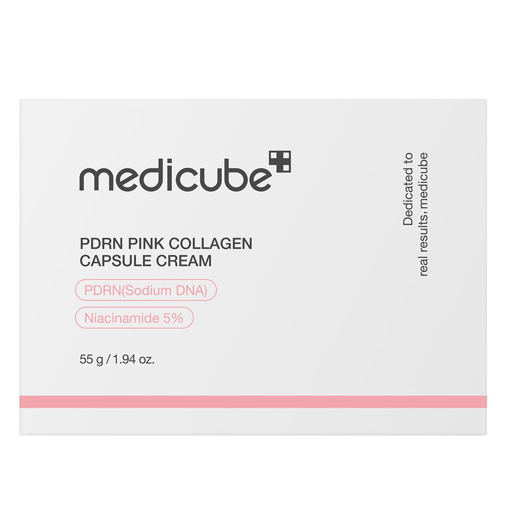 Verpakking van Medicube PDRN Pink Collagen Capsule Cream. Bevat 55g.