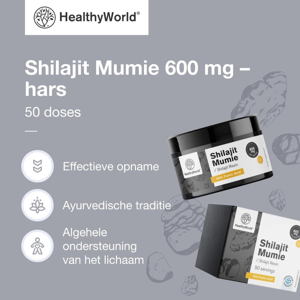 Verpakking Shilajit Mumie, 600 mg, hars, 50 doseringen. Effectieve opname, ayurvedische traditie.