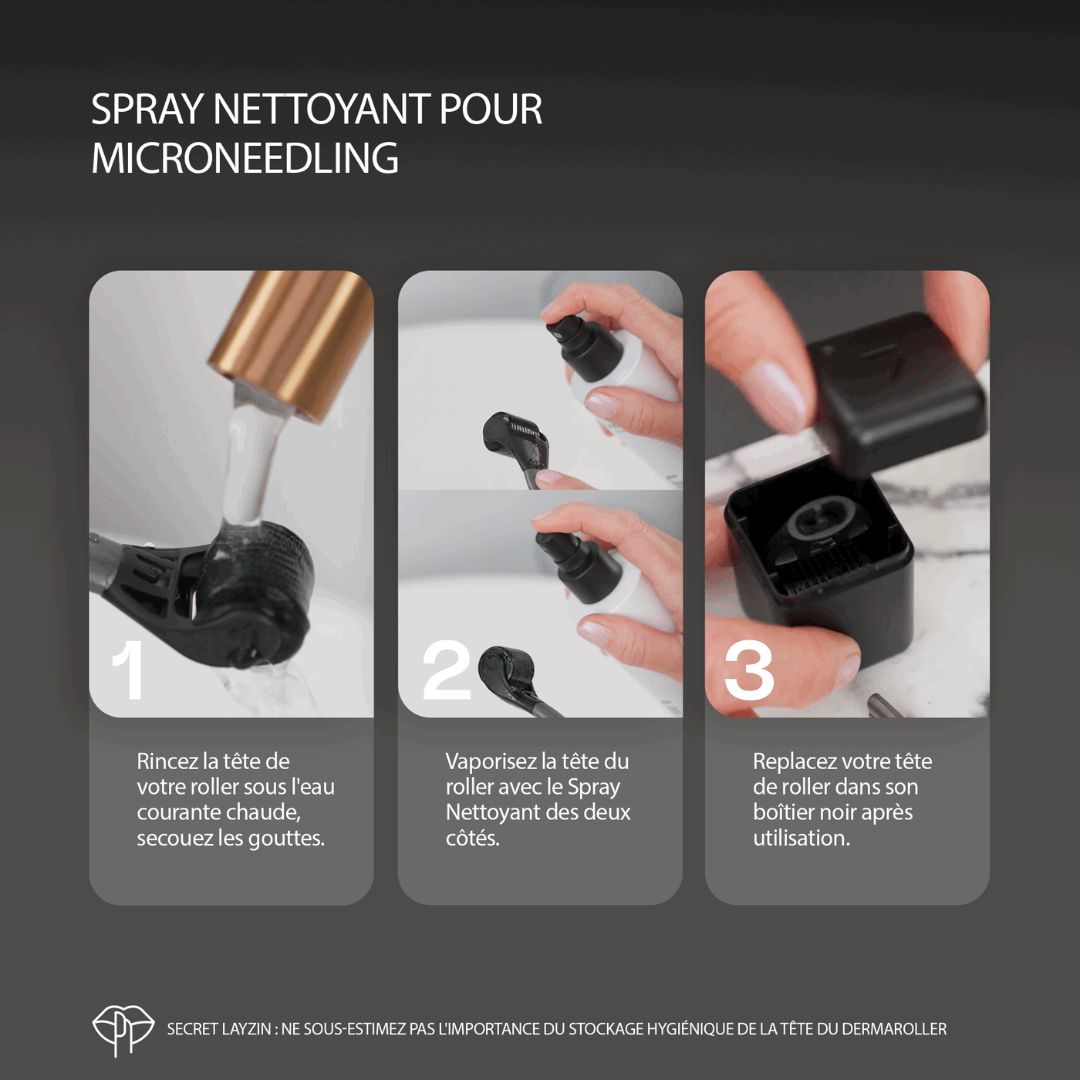 Instructions pour utiliser le spray nettoyant LAYZIN après le microneedling. 3 étapes.