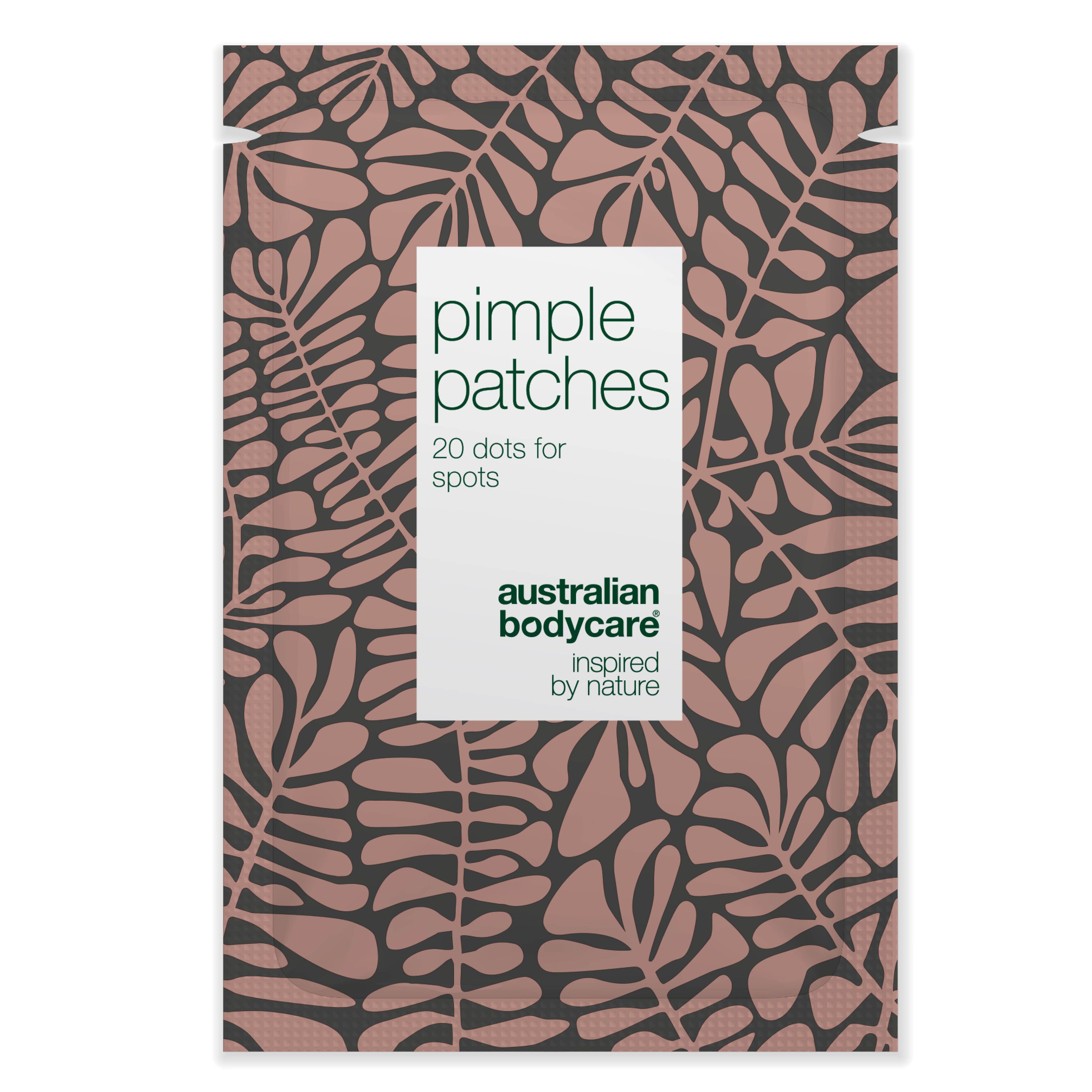 Emballage de patchs anti-boutons. Inscription : Pimple Patches, 20 Dots for Spots, Australian Bodycare.
