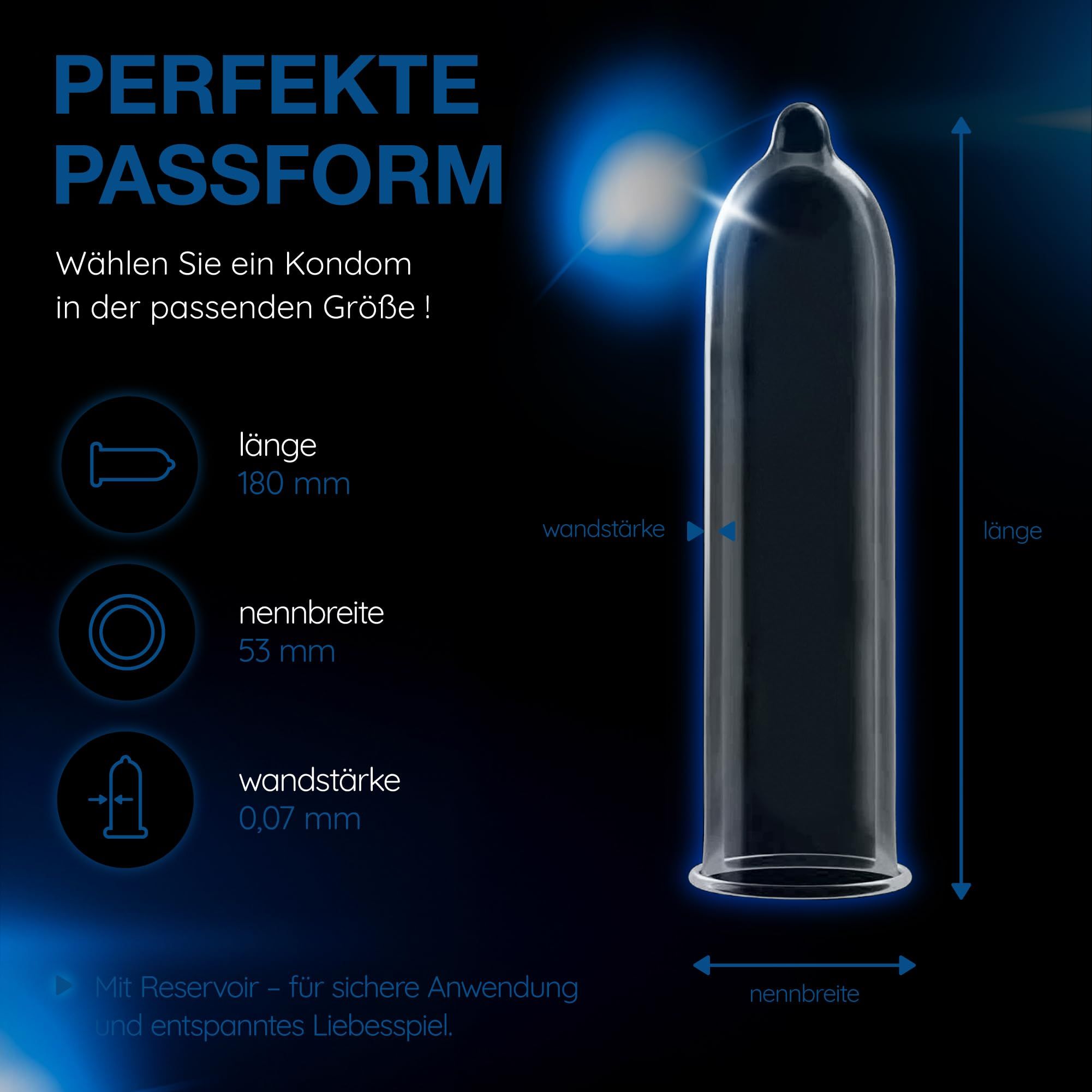 Préservatif Vitalis: Longueur 180mm, largeur nominale 53mm, épaisseur 0.07mm. Avec réservoir.