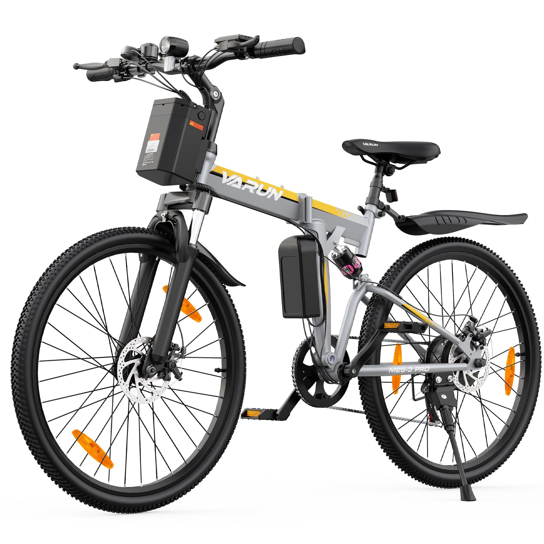 Vélo électrique pliable gris-jaune. Pneus, selle, guidon noirs. Batterie et moteur visibles. Logo VARUN.