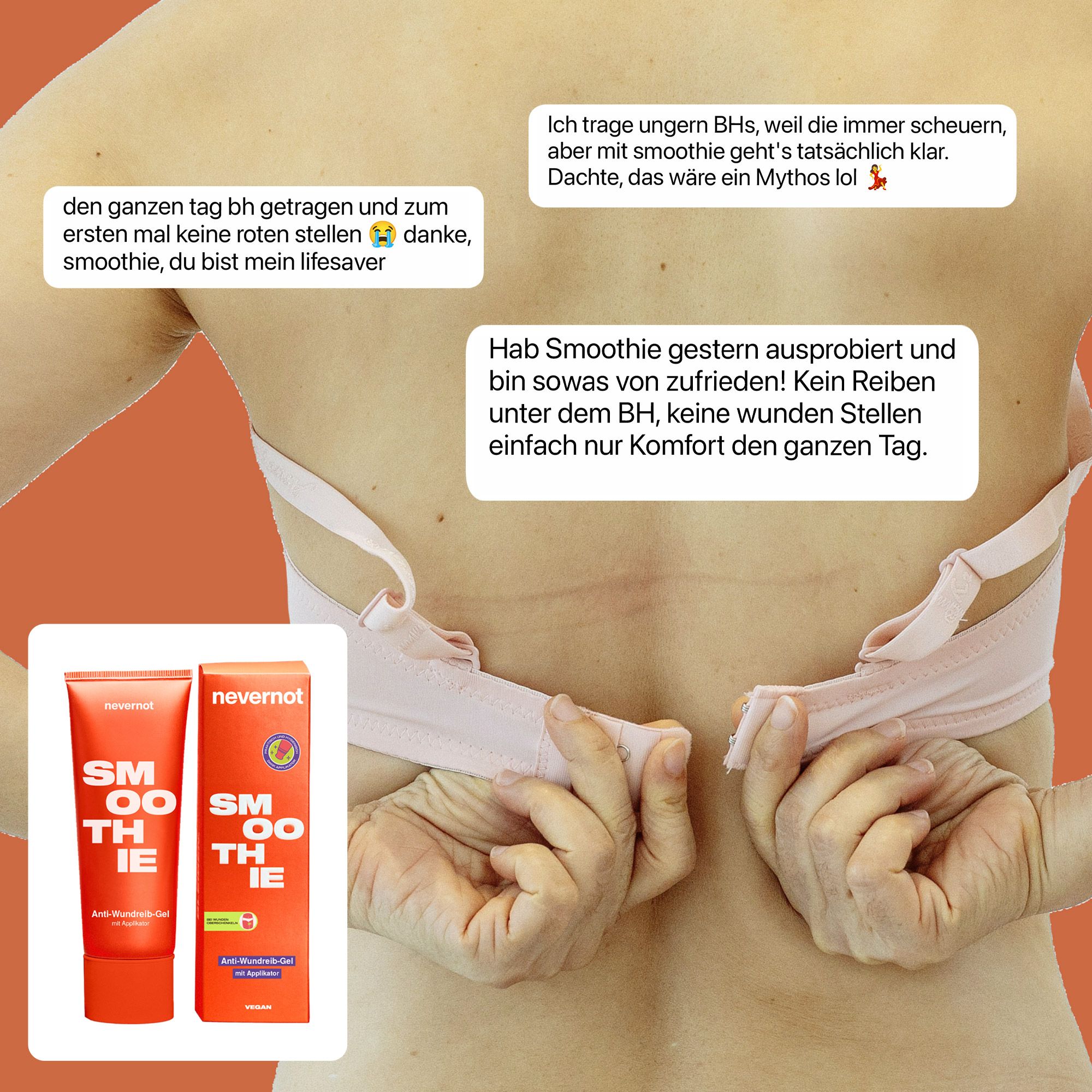 Achterkant van een vrouw die een bh opent. Links worden een oranje tube en verpakking getoond.