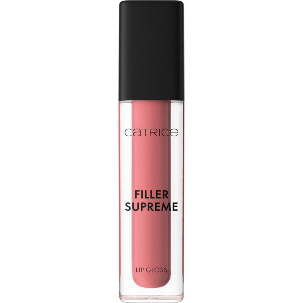 Catrice Filler Supreme Lipgloss. Transparante tube met roze inhoud. Zwarte dop. Opschrift: Catrice, Filler Supreme, Lip Gloss.