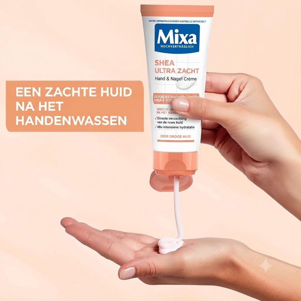 Mixa Hand & Nagel Crème tube met karitéboter, wordt in een hand gedoseerd.
