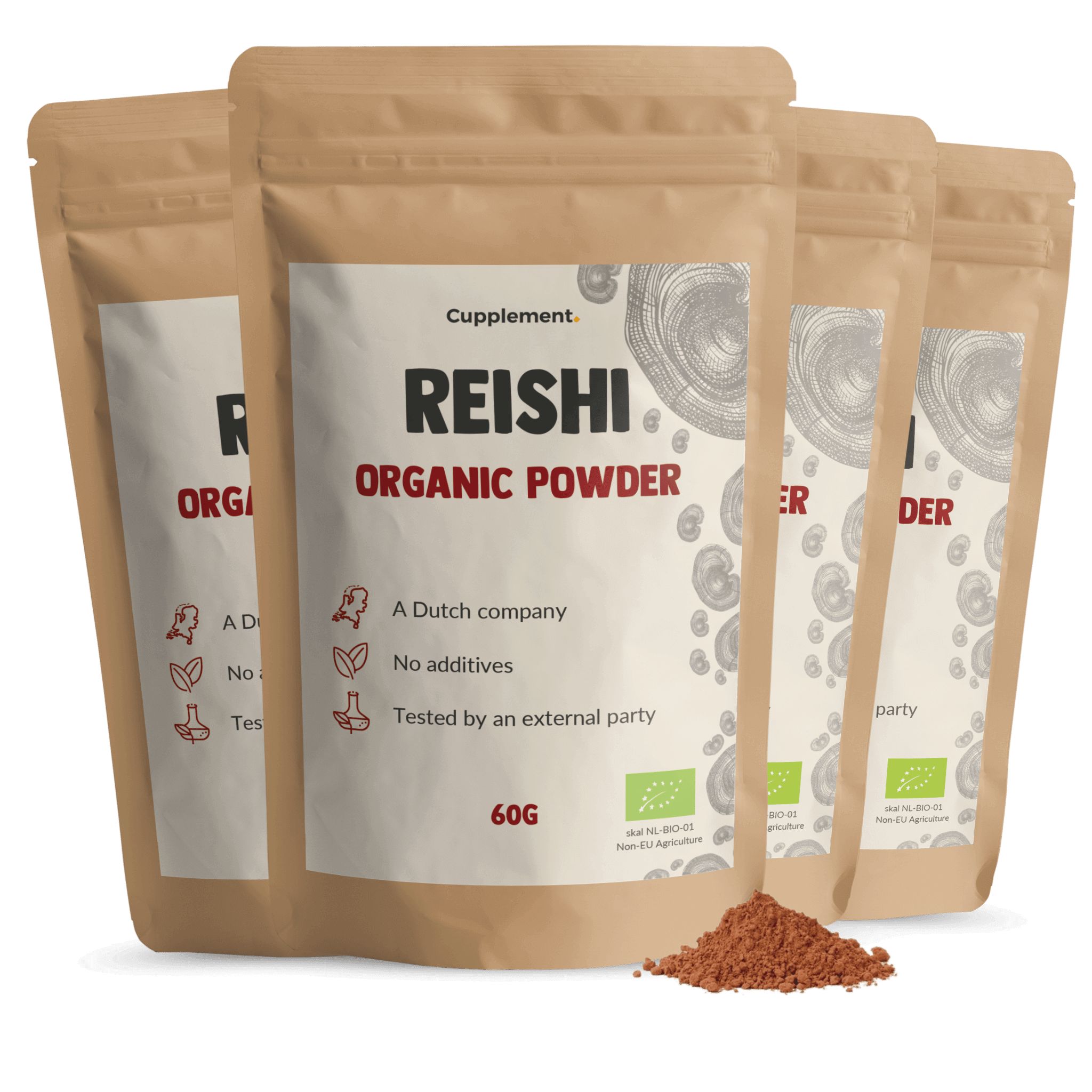 Plusieurs sachets de poudre de Reishi. Inscription : Reishi Organic Powder, 60g. Label bio. Poudre brune.
