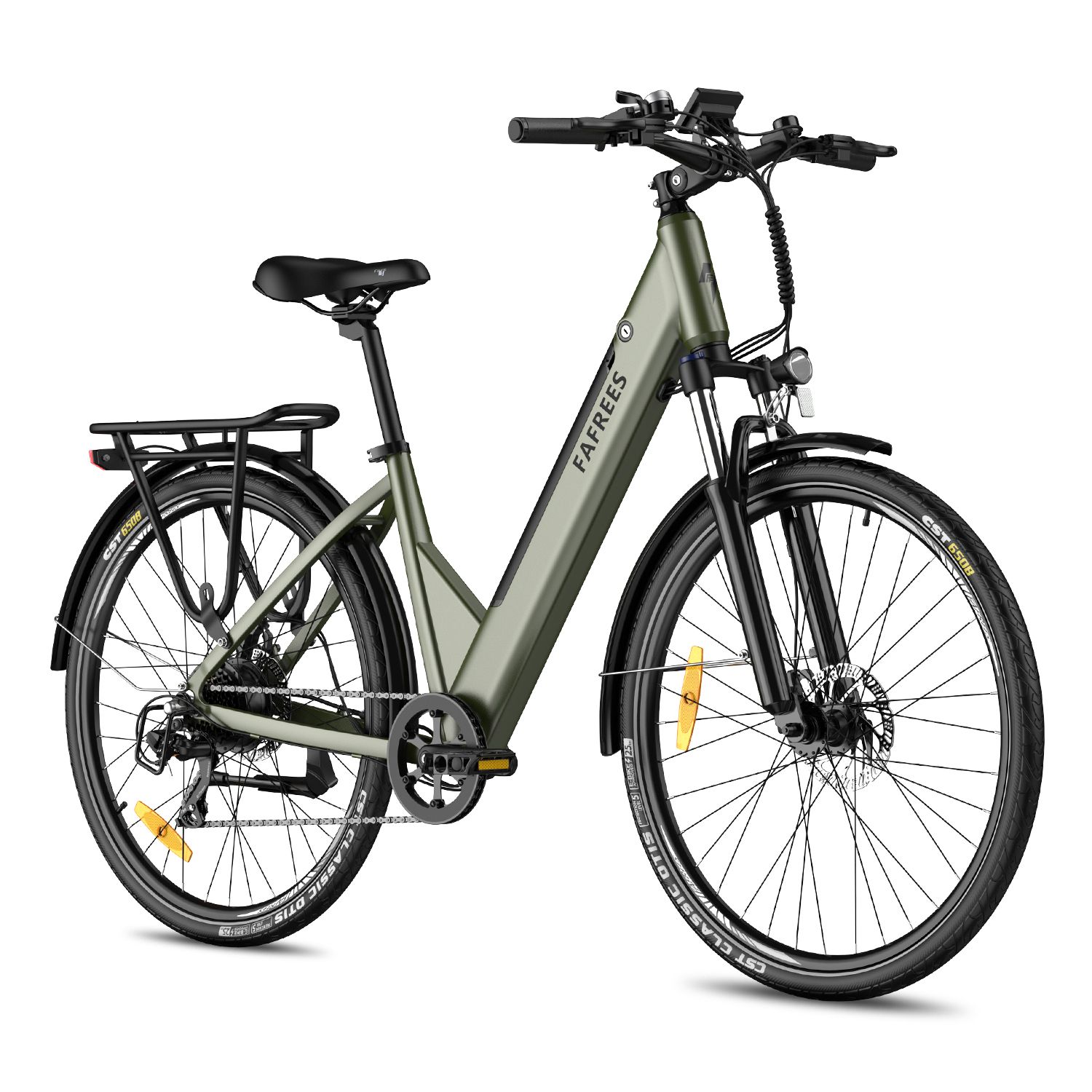 Vélo électrique vert avec porte-bagages, garde-boue et inscription FAFREES. Pneus et selle noirs.