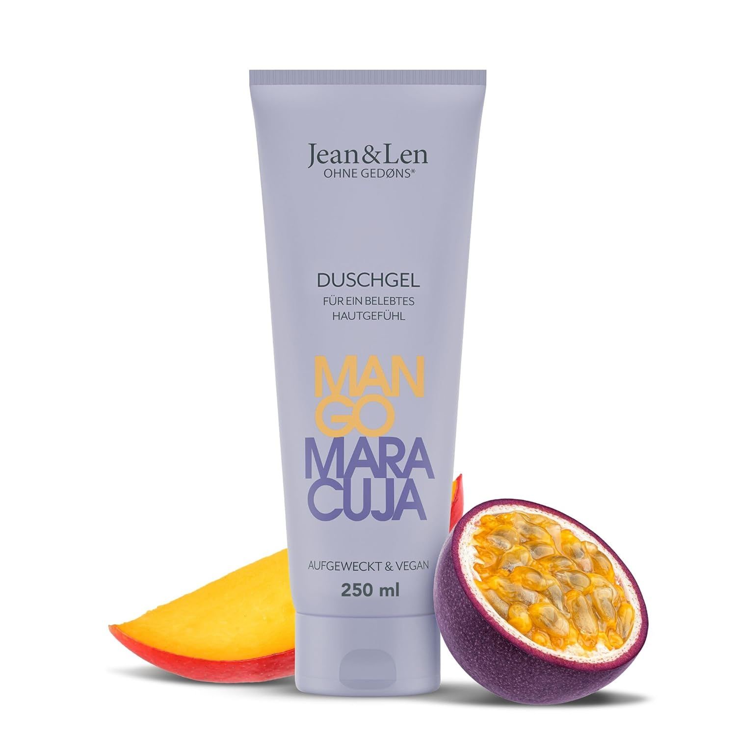 Douchegel tube Mango & Maracuja, mango en passievrucht helften. Tekst: Douchegel voor een verkwikkend huidgevoel. 250 ml.