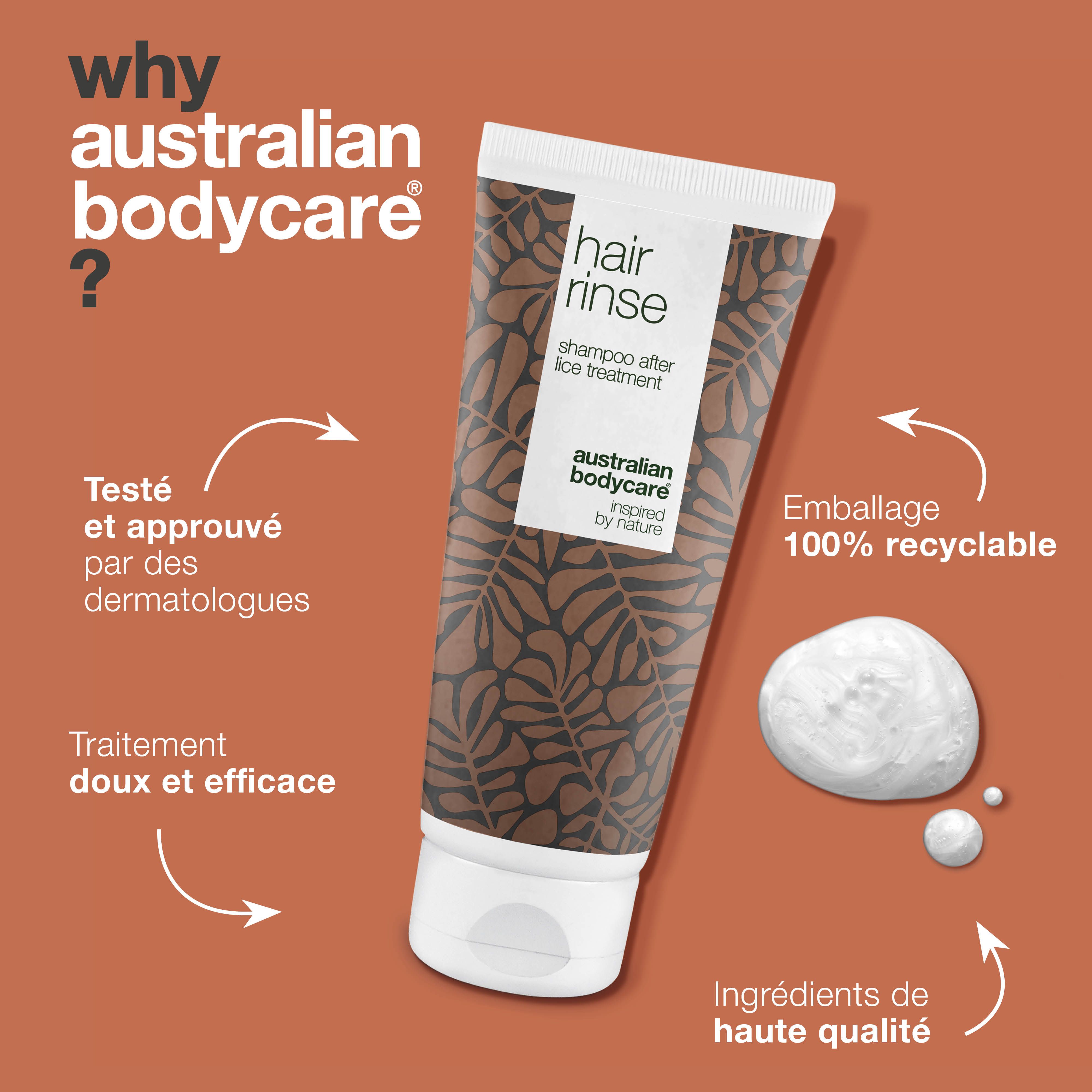 Tube de shampooing. Texte: Hair Rinse, Australian Bodycare. Pourquoi Australian Bodycare ? Texte: Testé et approuvé par des dermatologues.