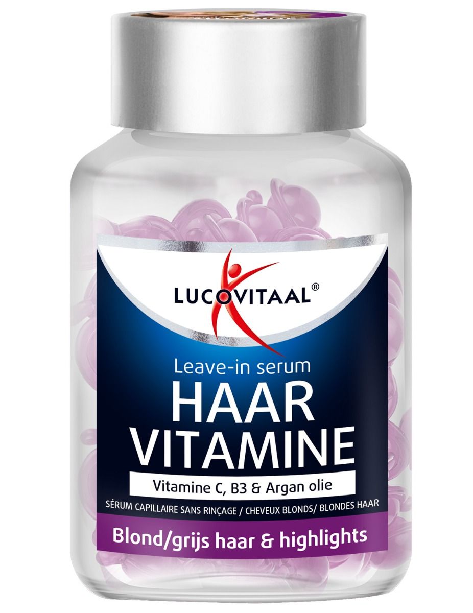 Flesje met roze capsules. Opschrift: Lucovitaal, Leave-in serum Haar Vitamine, Blond/grijs haar & highlights.