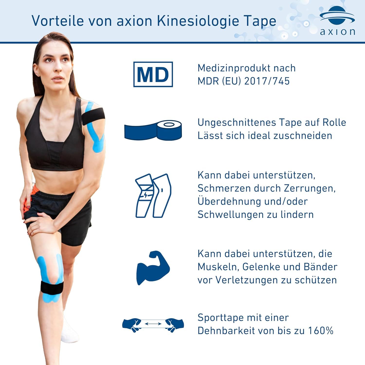 Avantages du kinésiologie tape axion. Femme avec du tape sur la jambe. Texte : dispositif médical, extensible jusqu'à 160 %. Illustrations.
