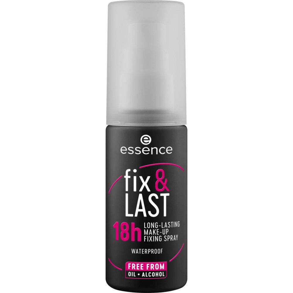 Flacon noir avec bouchon transparent. Inscription : Essence, fix & LAST, 18h, waterproof, sans huile + alcool.