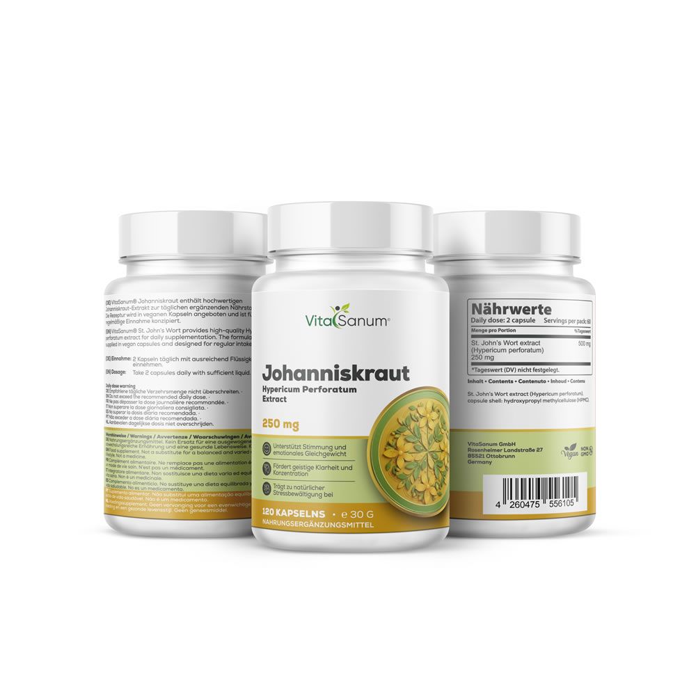 Trois flacons blancs VitaSanum® Johanniskraut. Étiquettes avec informations produit et indication 250mg. Gélules, 30 g.