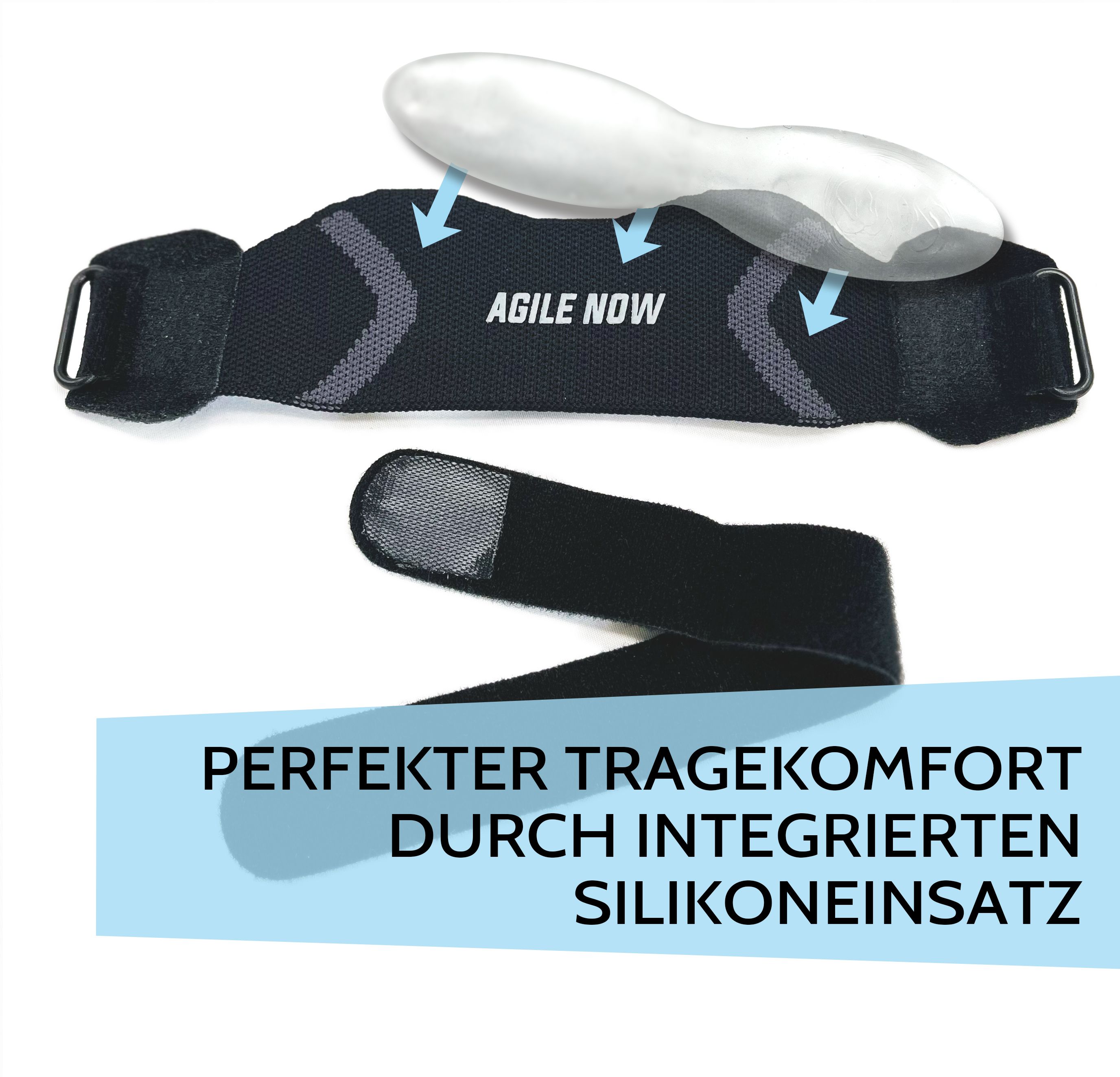 Genouillère noire avec insert en silicone. Texte : AGILE NOW. Texte : CONFORT PARFAIT GRÂCE À L'INSERT EN SILICONE INTÉGRÉ.