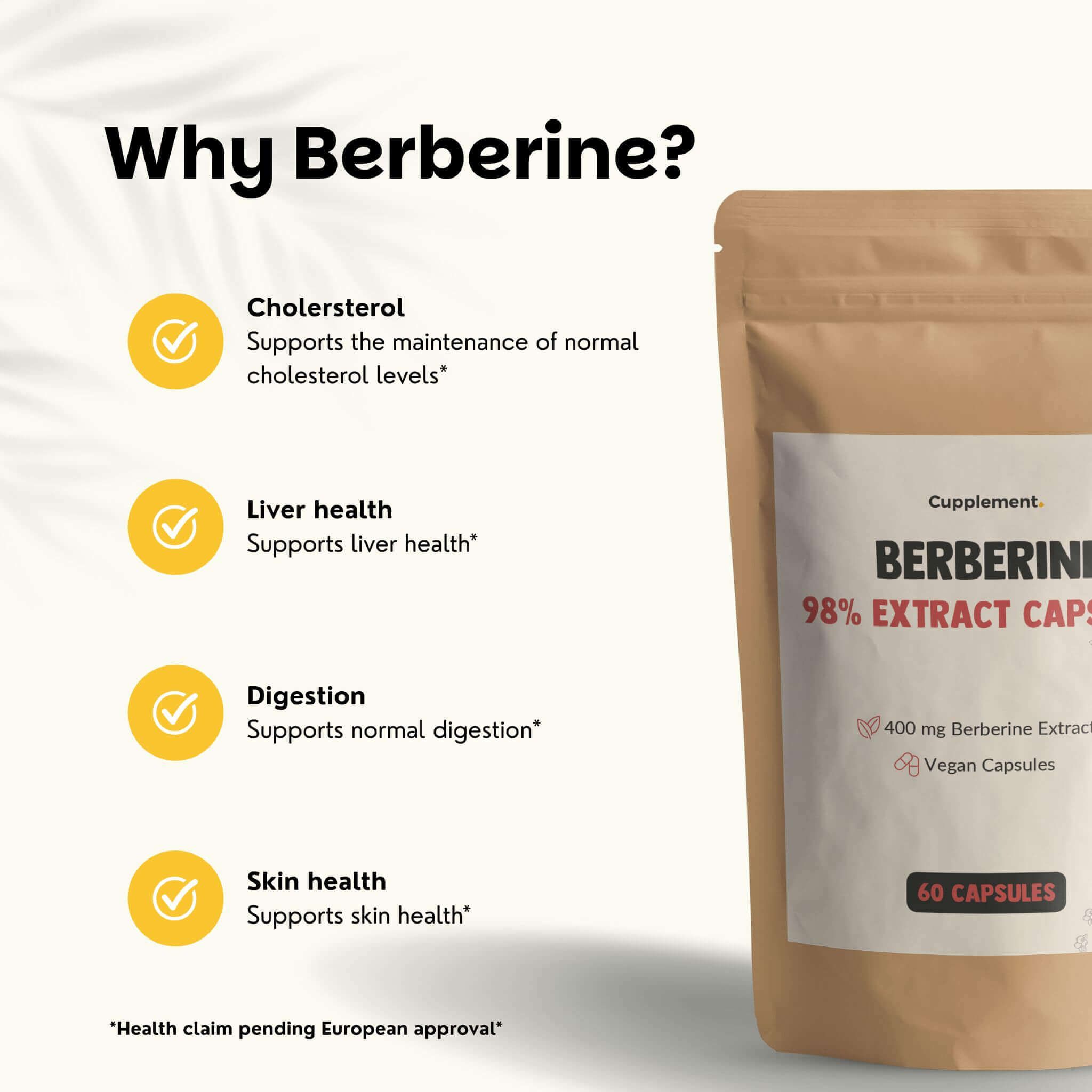 Sachet de gélules de berbérine Cupplement. 60 gélules. 98% d'extrait. Avantages : cholestérol, foie, digestion, peau.