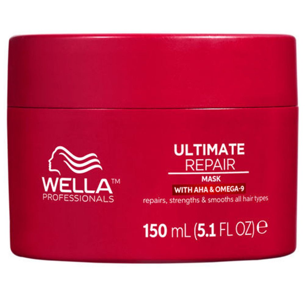 Pot rouge Wella Ultimate Repair Mask. Texte: Ultimate Repair, Mask, avec AHA & Omega-9. 150 ml.