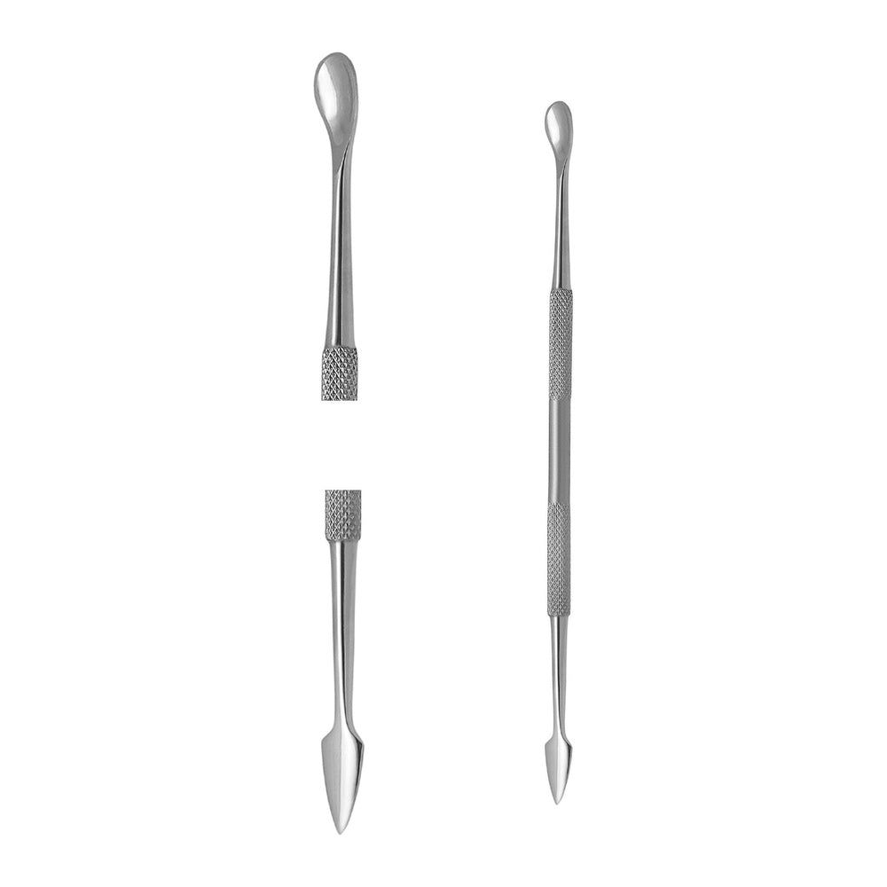 Metalen nagelriemschuiver. Twee gereedschappen, verschillende uiteinden: lepel, punt. Gekartelde handgrepen. Afzonderlijk en als geheel getoond.