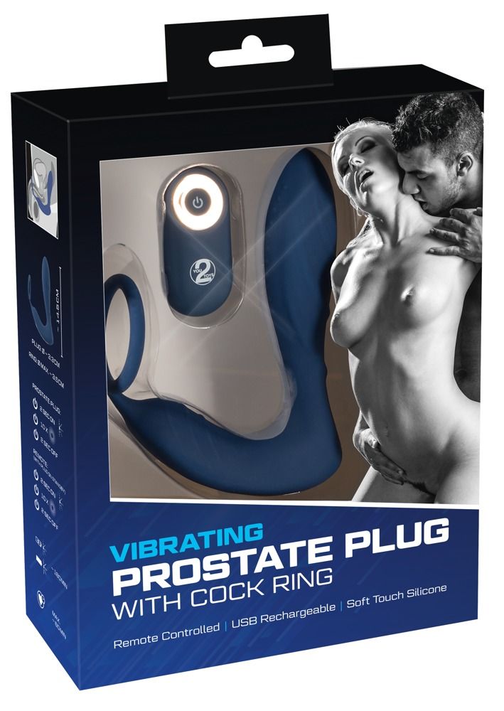 Emballage d'un plug anal bleu avec anneau pénien et stimulateur périnéal. Le produit et une illustration sont visibles.