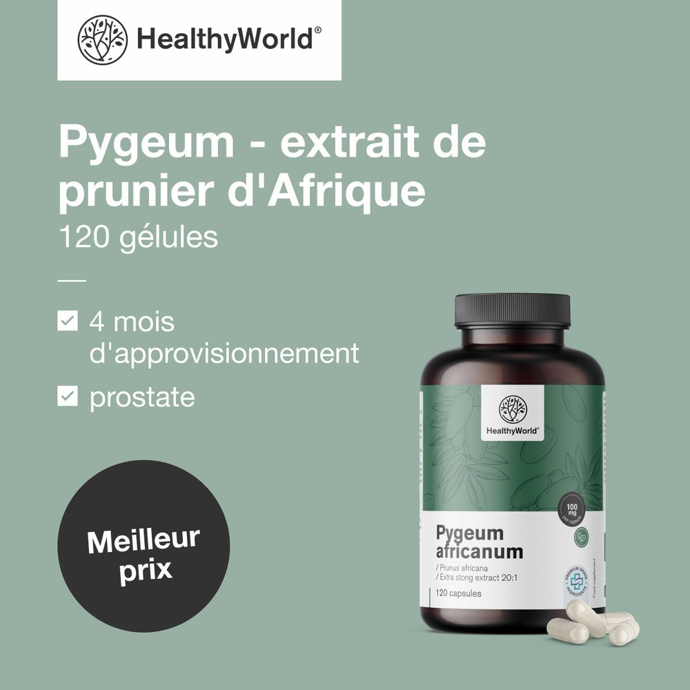 Publicité produit. Flacon avec capsules, texte: Pygeum – extrait de prunier d'Afrique, 120 gélules. Texte: prostate.
