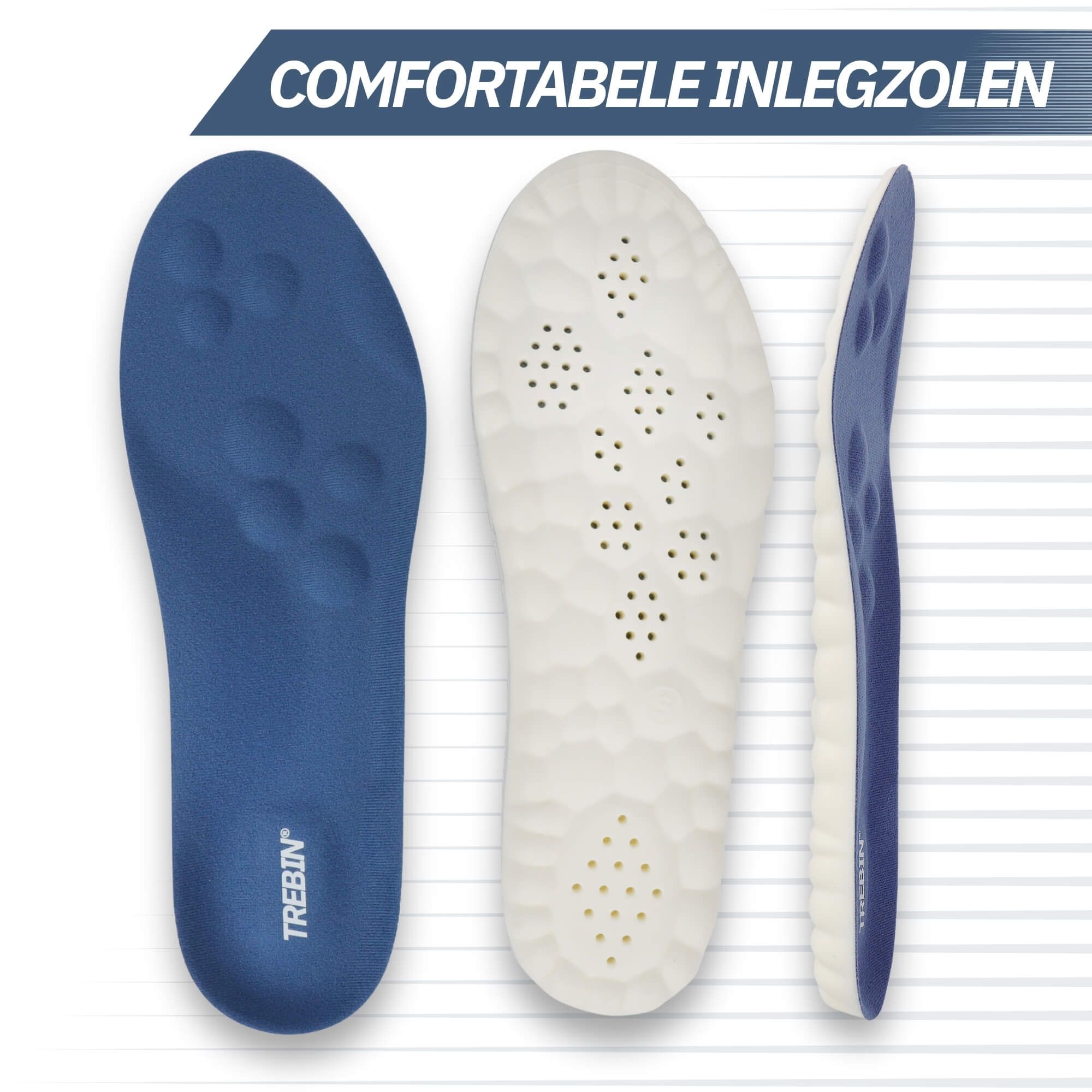 Blauwe en witte inlegzolen met ventilatiegaten en gedempte zones.