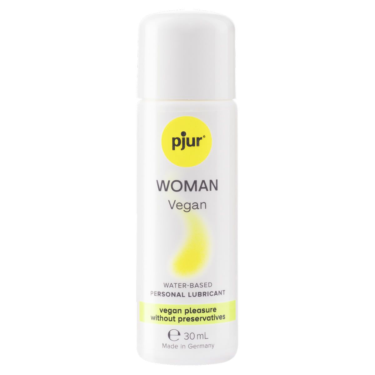 Flacon blanc avec étiquette jaune. Inscription : pjur WOMAN Vegan, lubrifiant personnel à base d'eau. 30 ml.