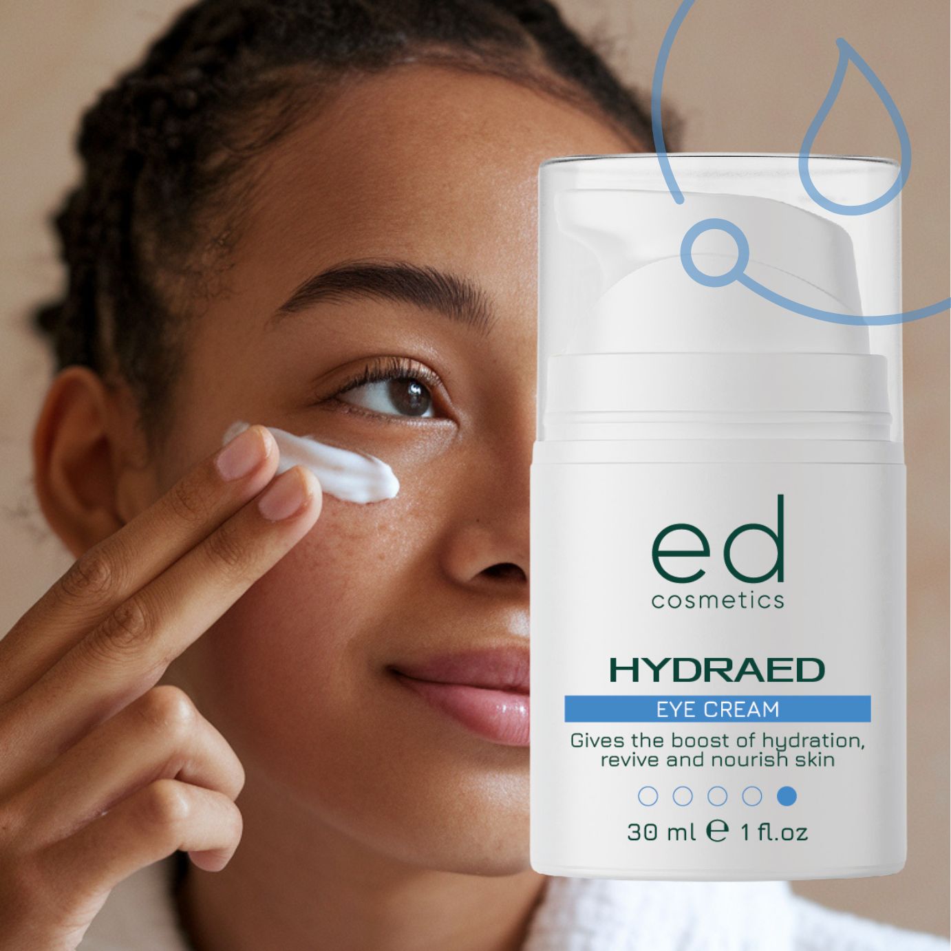 Vrouw brengt oogcrème aan. Witte fles met pomp. Opschrift: "ed cosmetics HYDRAED EYE CREAM".