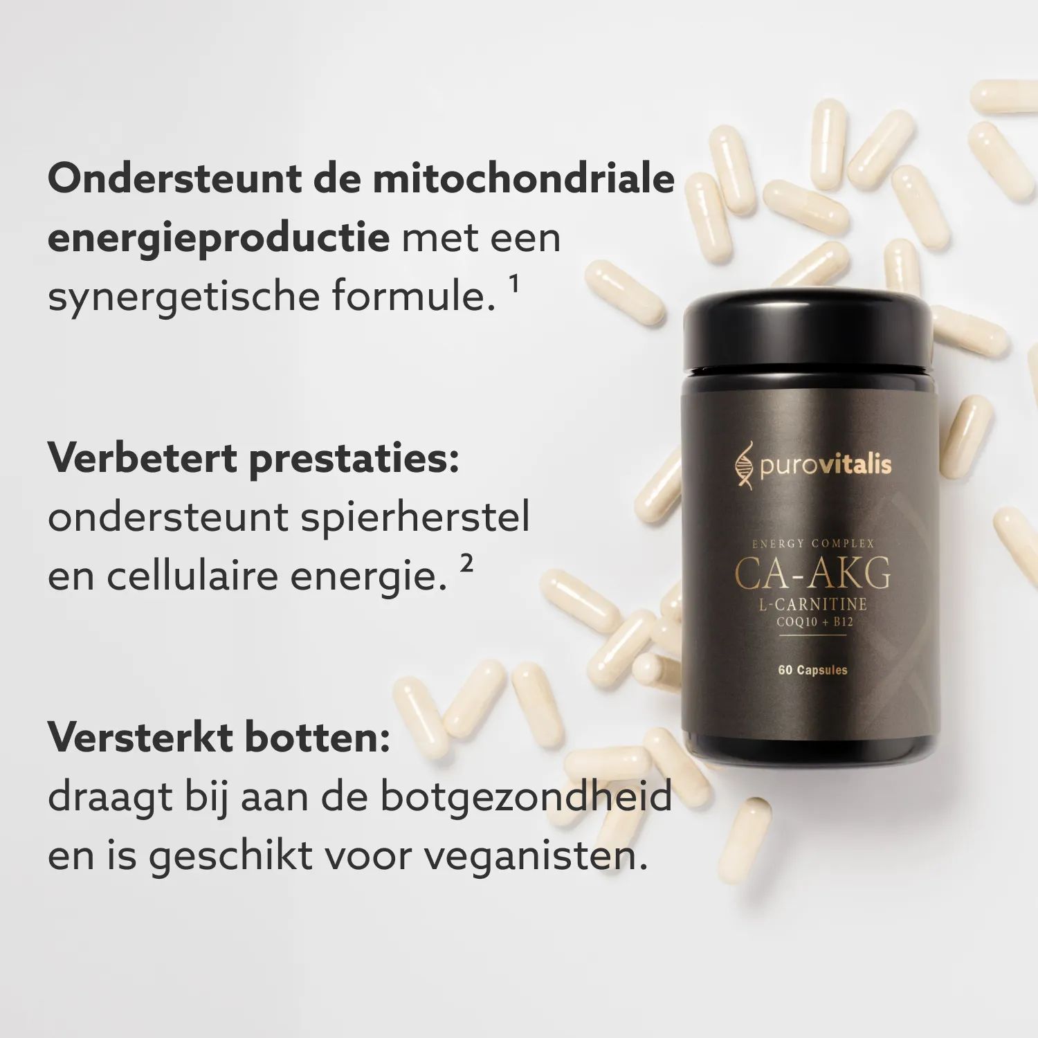 Fles en capsules. Tekst: Ondersteunt energieproductie, verbetert prestaties, versterkt botten. Veganistisch.
