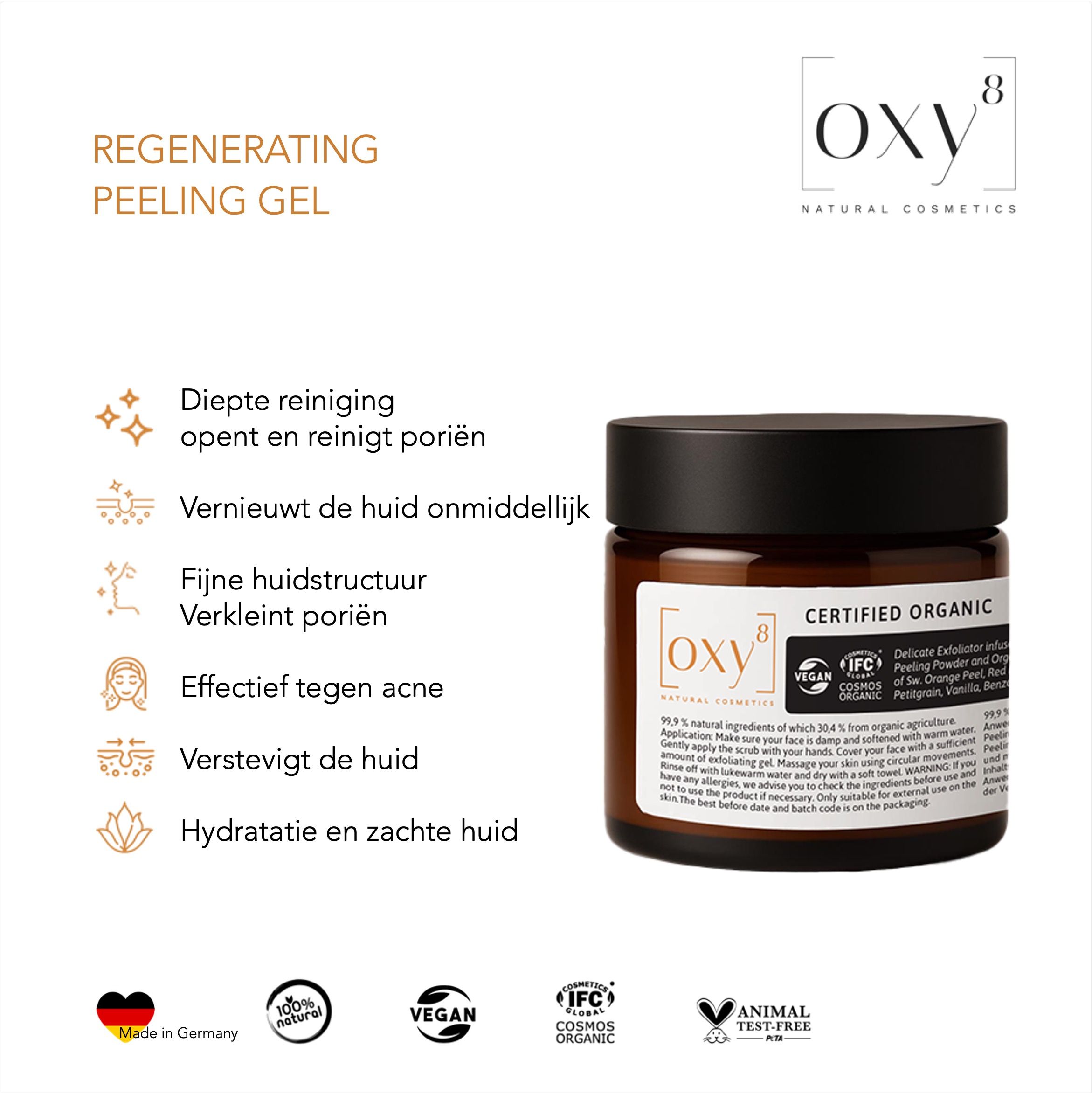 Productverpakking met tekst en iconen. Logo van oxy8 Naturkosmetik. Opschrift: REGENERATING PEELING GEL.