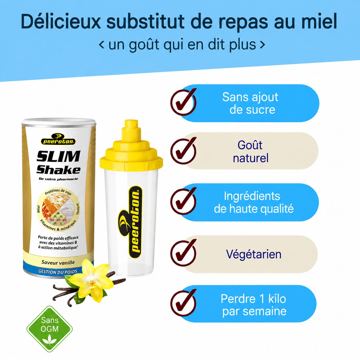 Boîte Peeroton Slim Shake Vanille avec shaker et ingrédients.