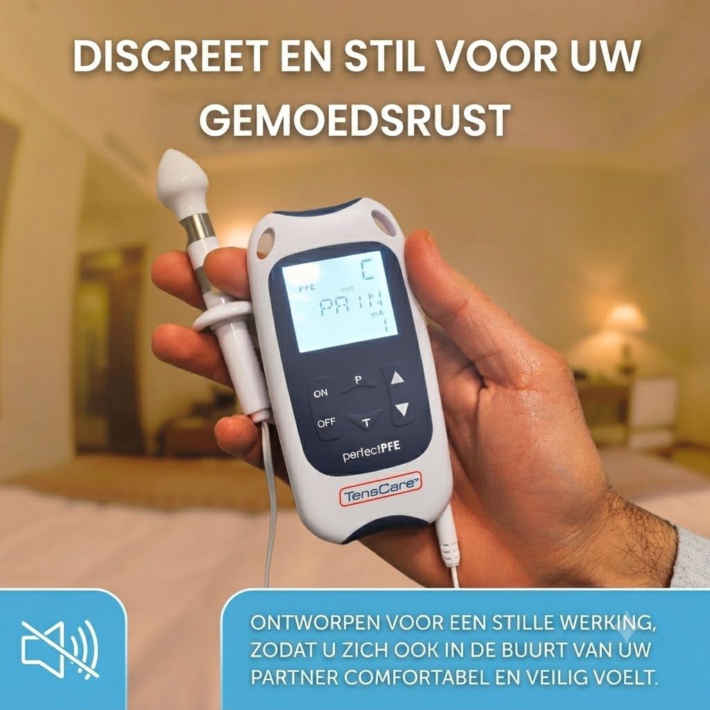 Een TensCare Perfect PFE apparaat met stimulatiesonde in de hand. Het apparaat heeft een display en knoppen.