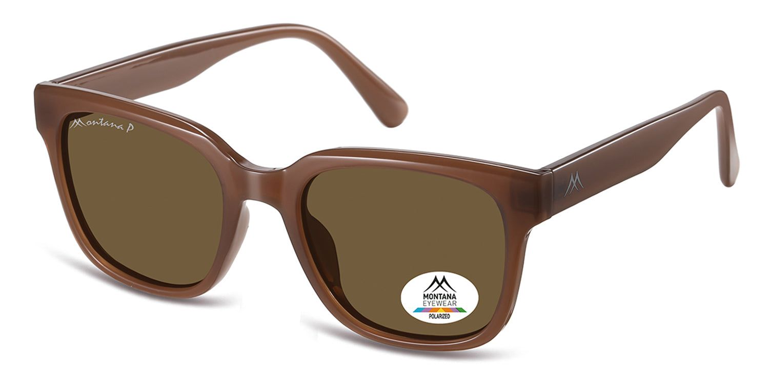 Lunettes de soleil marron, vue latérale. Logo Montana Eyewear sur la branche et le verre. Polarisées.
