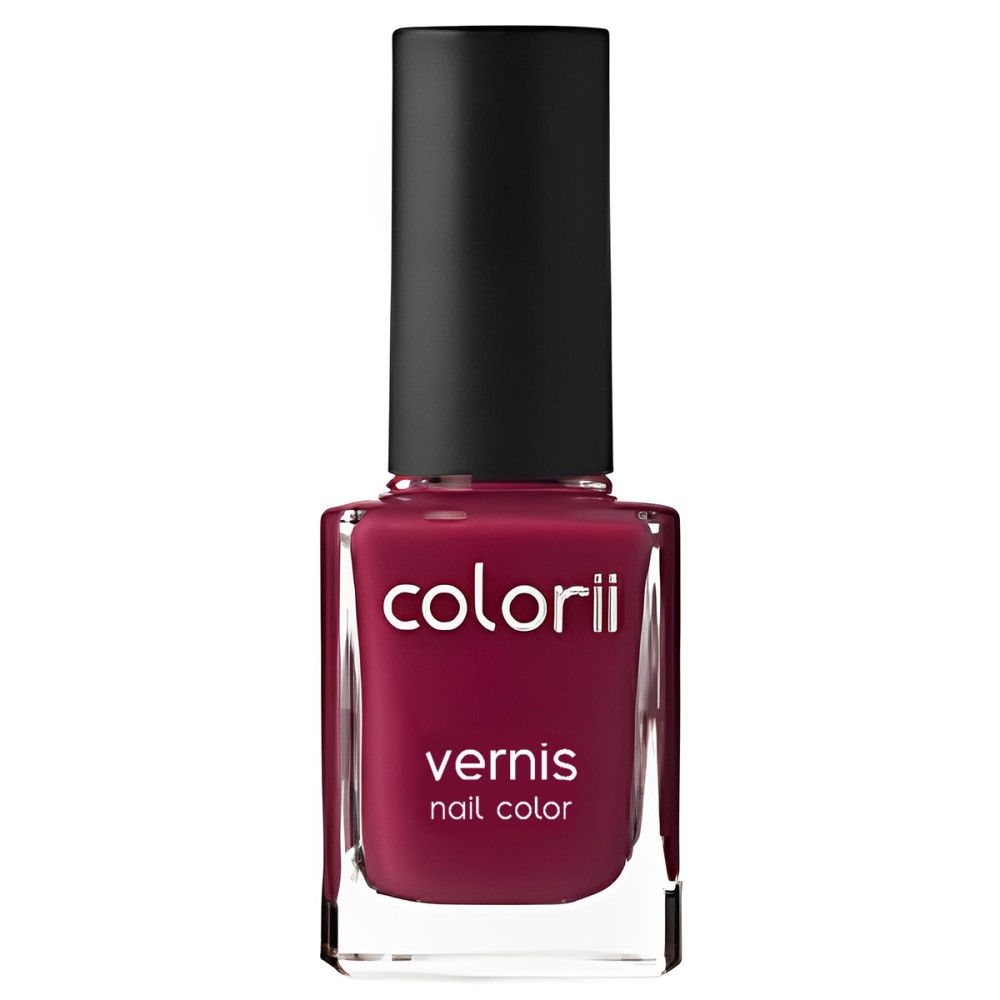Flacon de vernis à ongles avec bouchon noir. Inscription : colorii, vernis, nail color. Liquide rouge foncé.