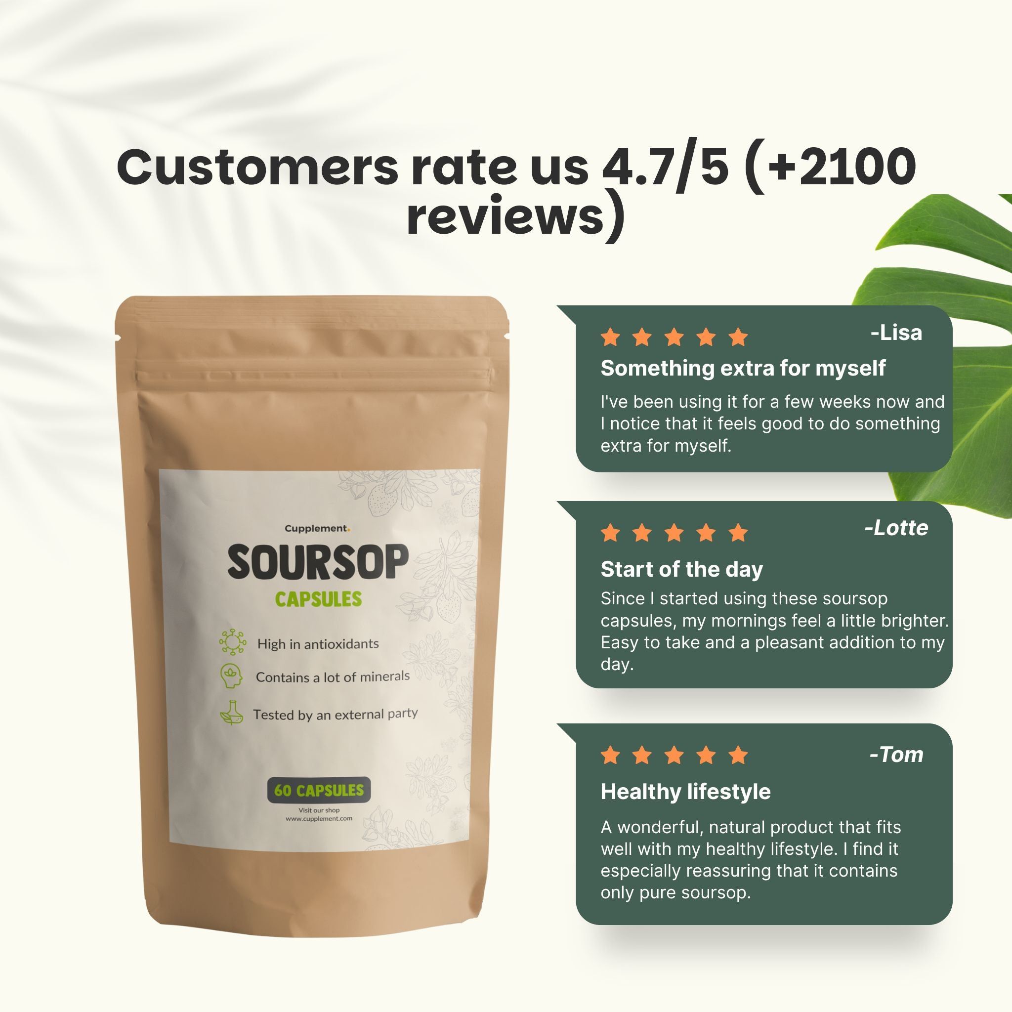 Sachet de gélules de corossol et avis clients. Texte : 4,7/5 étoiles (+2100 avis).