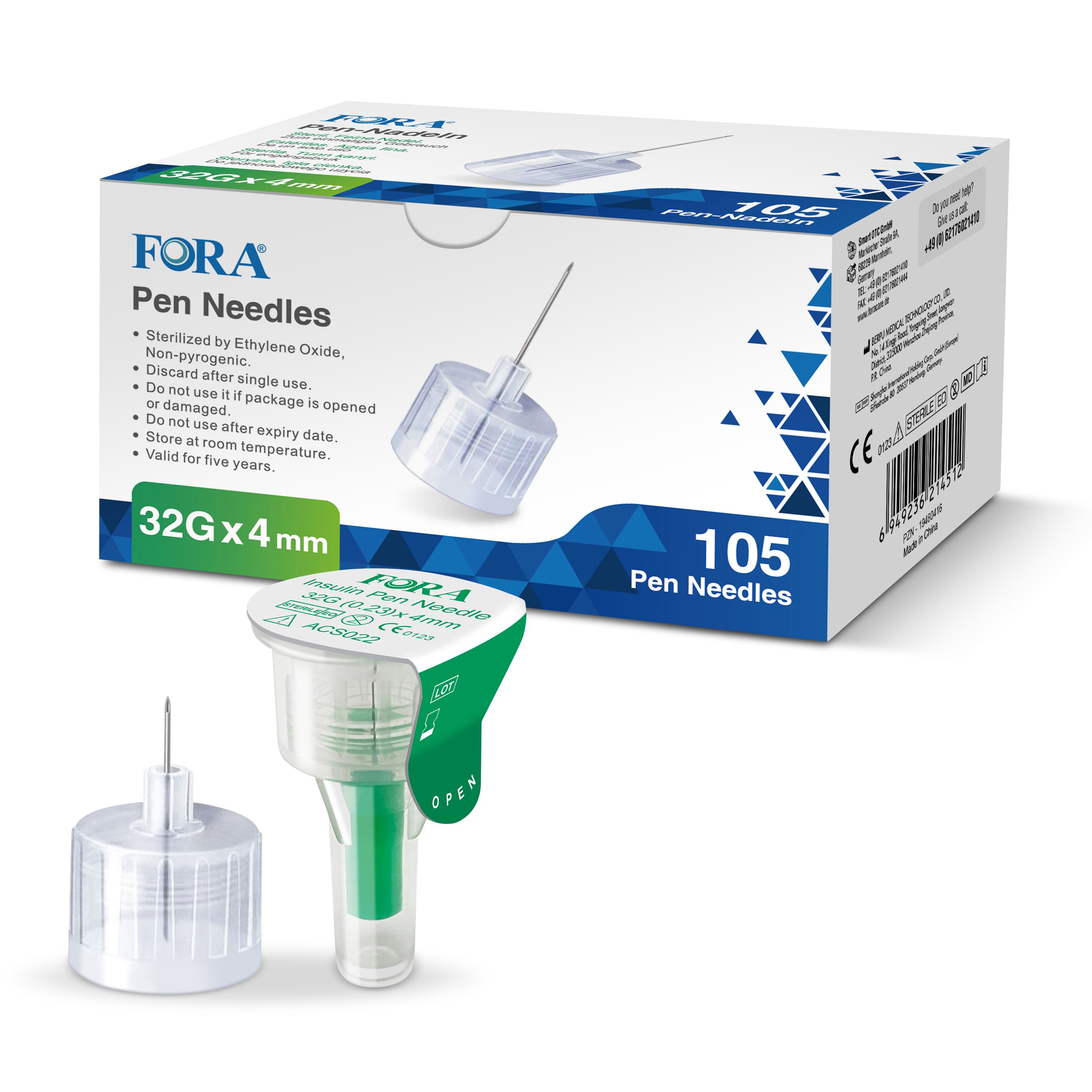 Boîte de FORA Pen Needles. Aiguilles 32G x 4mm, 105 unités. Aiguille et stylo avec partie verte. Marquage CE.