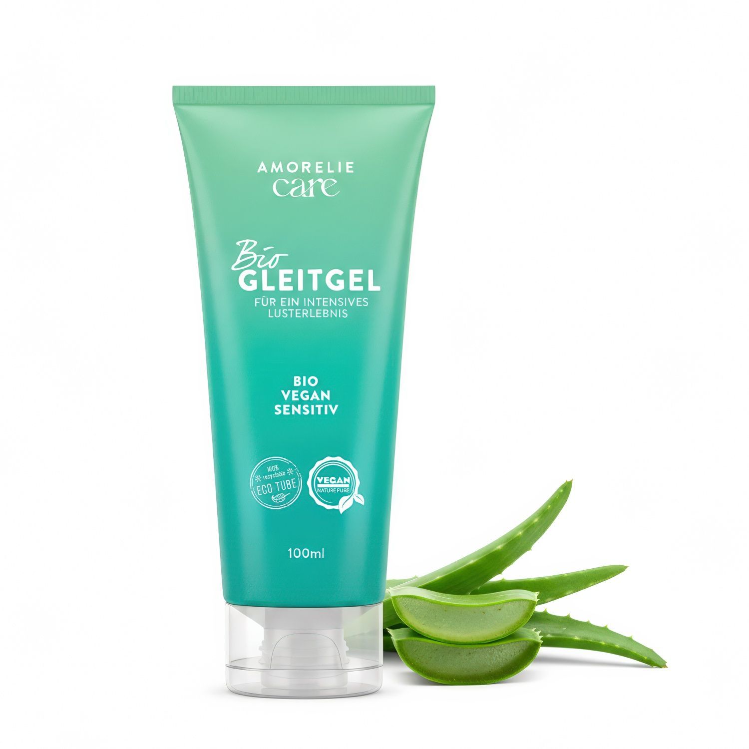 Tube vert avec inscription AMORELIE Care, Bio Gleitgel, à côté d'aloe vera. Sceau végétalien.