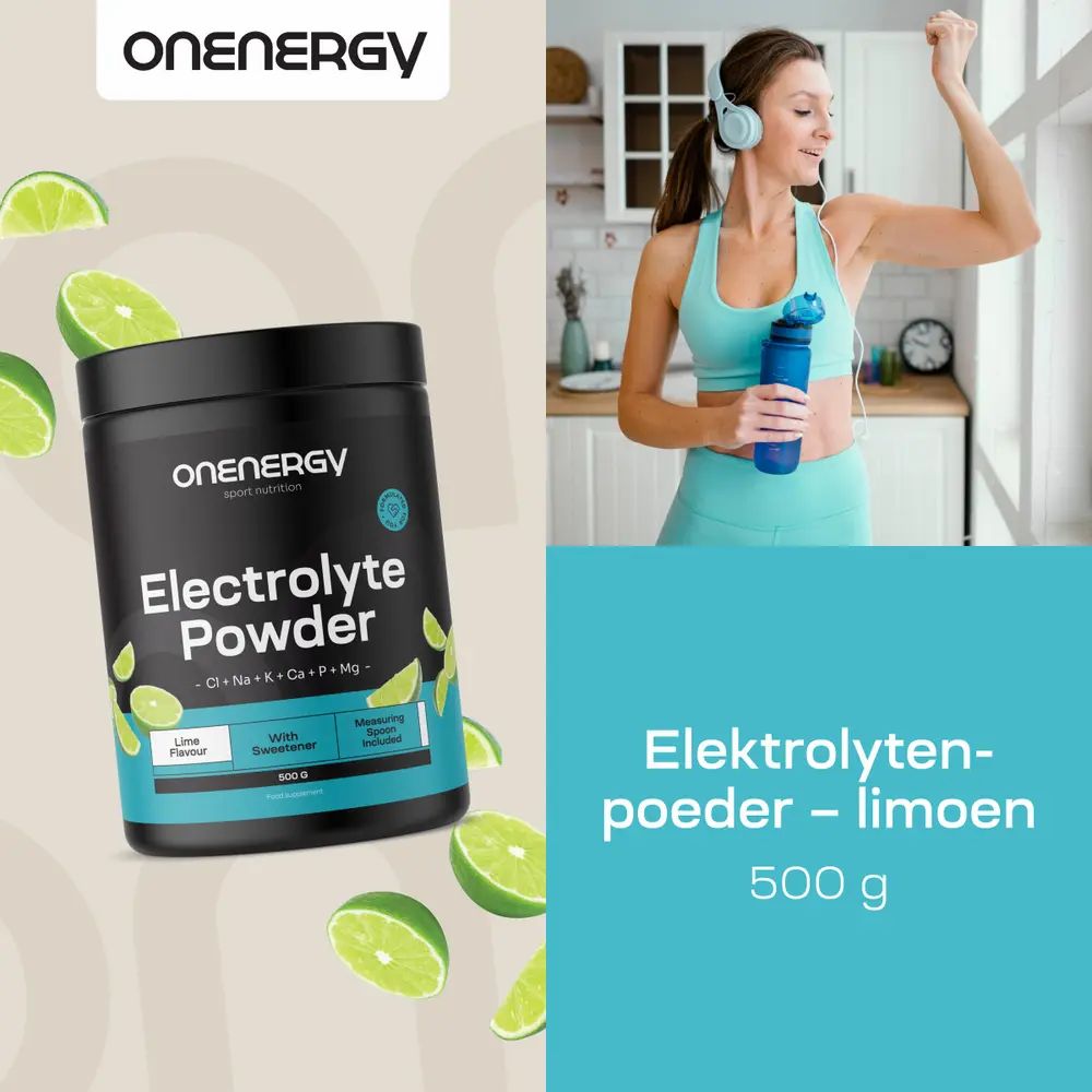 Vrouw met koptelefoon en drinkfles. Daarnaast pot Elektrolytenpoeder - limoen. Tekst: 500 g.