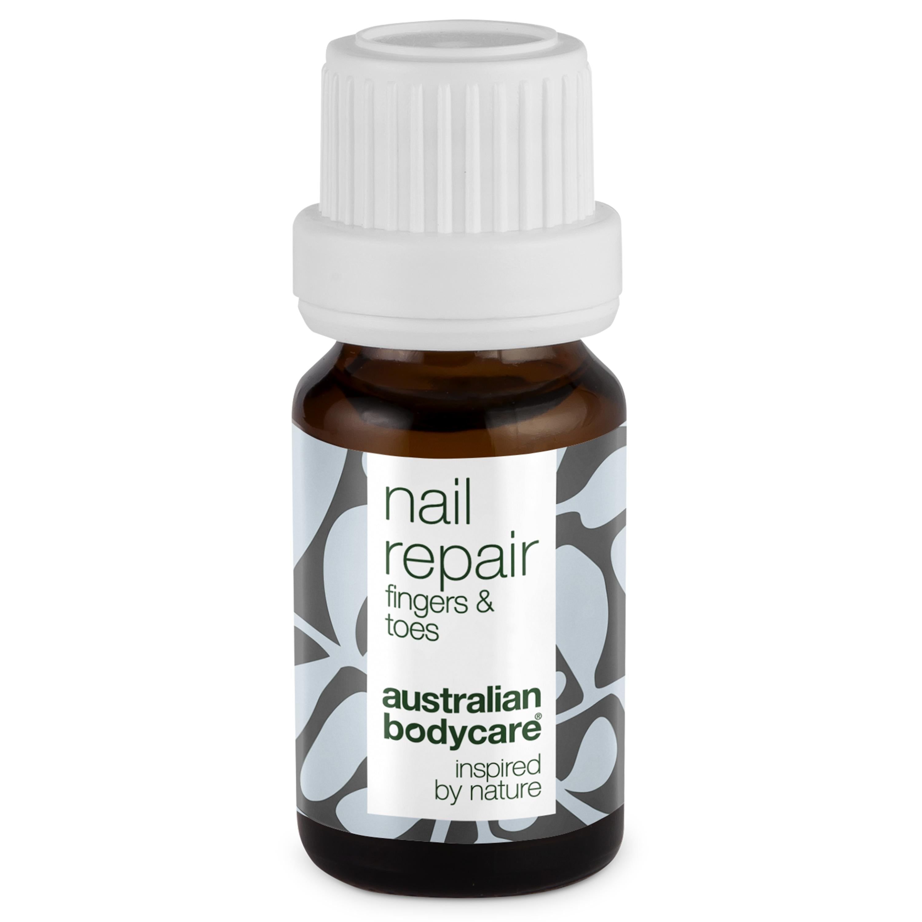 Bruine fles met witte dop. Label met "nail repair fingers & toes" en logo.