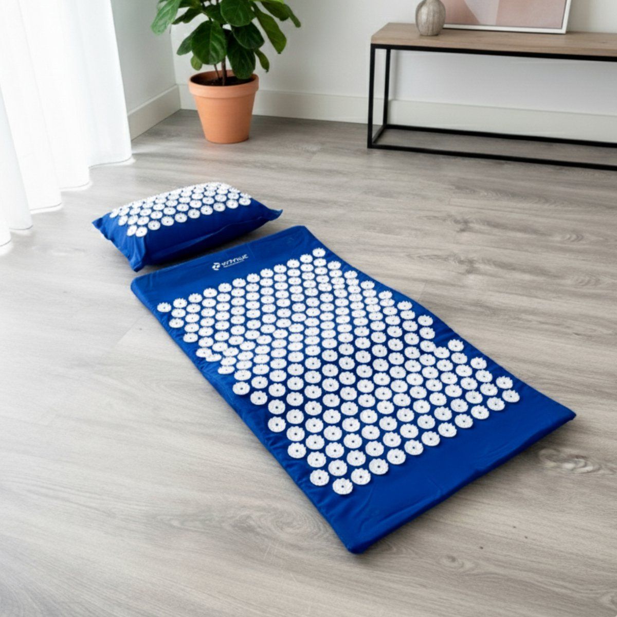 Blauwe acupressuurset op houten vloer. Mat en kussen met witte noppen. Lichte omgeving. Plant op de achtergrond.