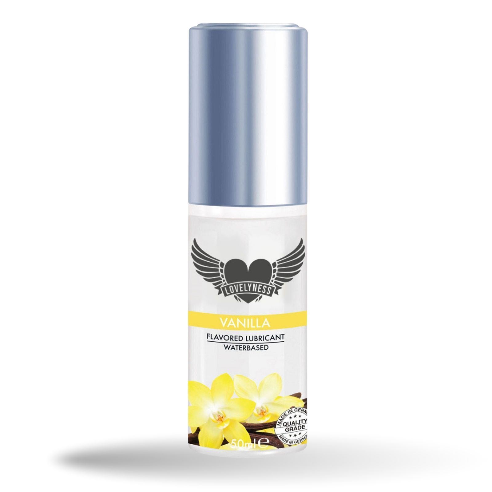 Glijmiddel met vanillesmaak. Op waterbasis. Fles met zilveren dop. Gele en witte etiketten met logo en bloemen.