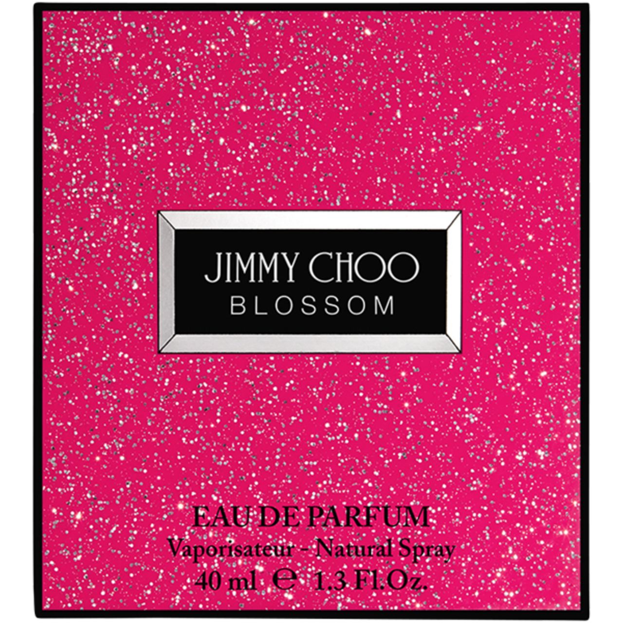 Roze verpakking van Jimmy Choo Blossom e.d.p. Spray. Logo in witte rechthoek. Tekst eronder.