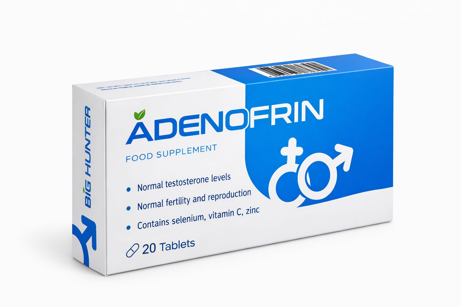 Witte doos met blauwe deksel. Opschrift: Adenofrin, voedingssupplement. Bevat 20 tabletten. Logo man/vrouw.