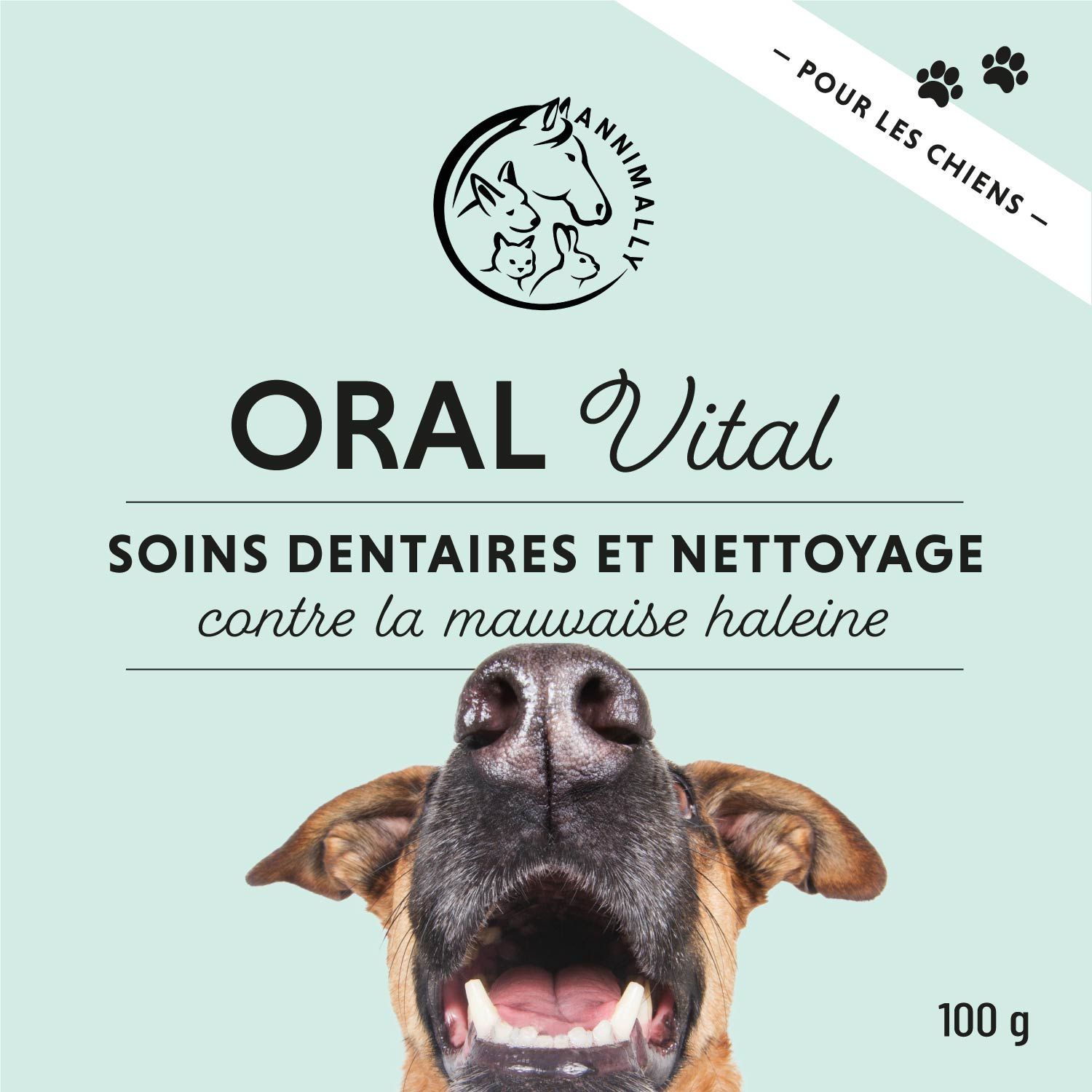 Emballage du produit. Inscription: ORAL Vital. Logo. Texte: Traitement naturel du tartre et de la plaque. Chien avec gueule ouverte.