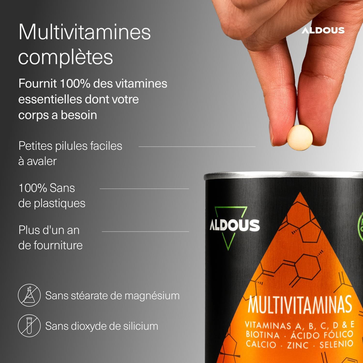 Boîte Aldous Multivitamines avec une pilule tenue par une main.