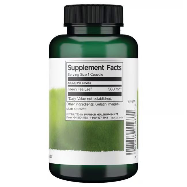 Dos du flacon vert avec étiquette. Contient les informations nutritionnelles. 500 mg de feuilles de thé vert. Swanson.