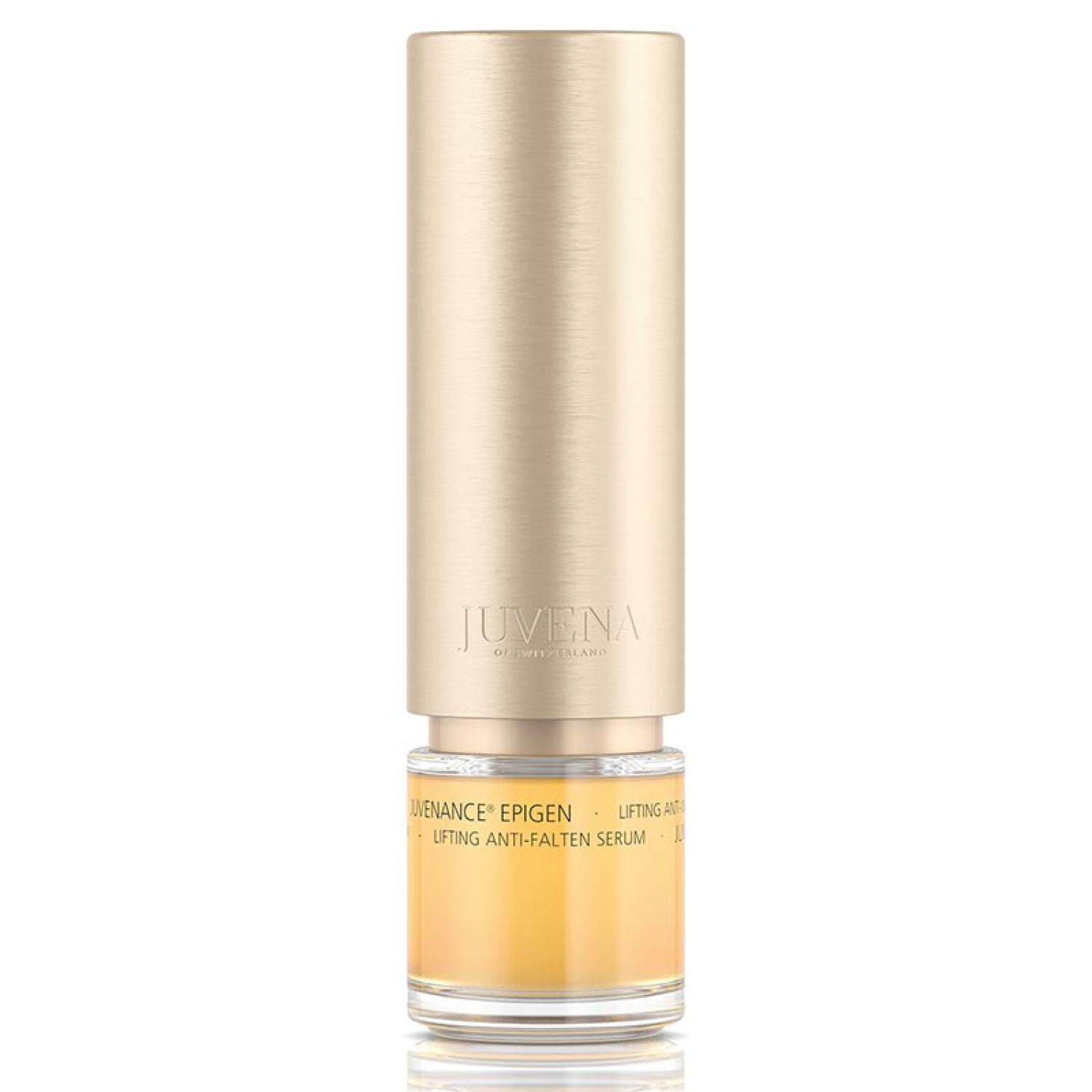 Flacon de sérum doré avec bouchon. Inscription: Juvena. Texte: Epigen Miracle Lifting Anti-Falten Serum.