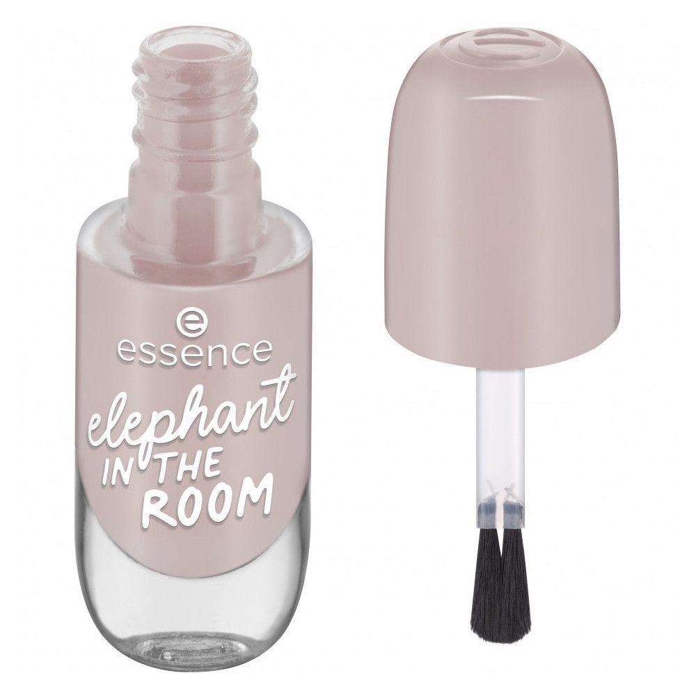 Flacon de vernis à ongles ouvert. Vernis rose clair avec pinceau. Inscription "elephant IN THE ROOM" et "essence".