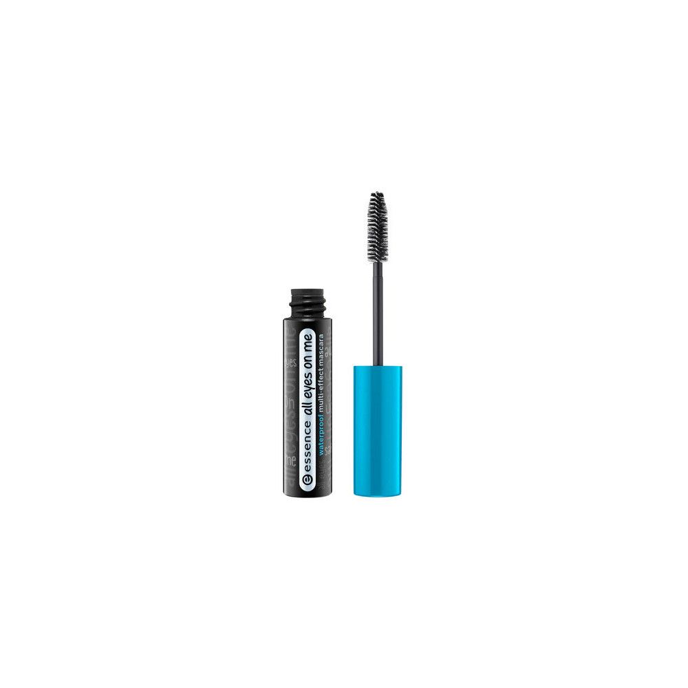 Tube de mascara noir avec bouchon bleu et brosse. Inscription: essence all eyes on me waterproof multi-effect mascara.